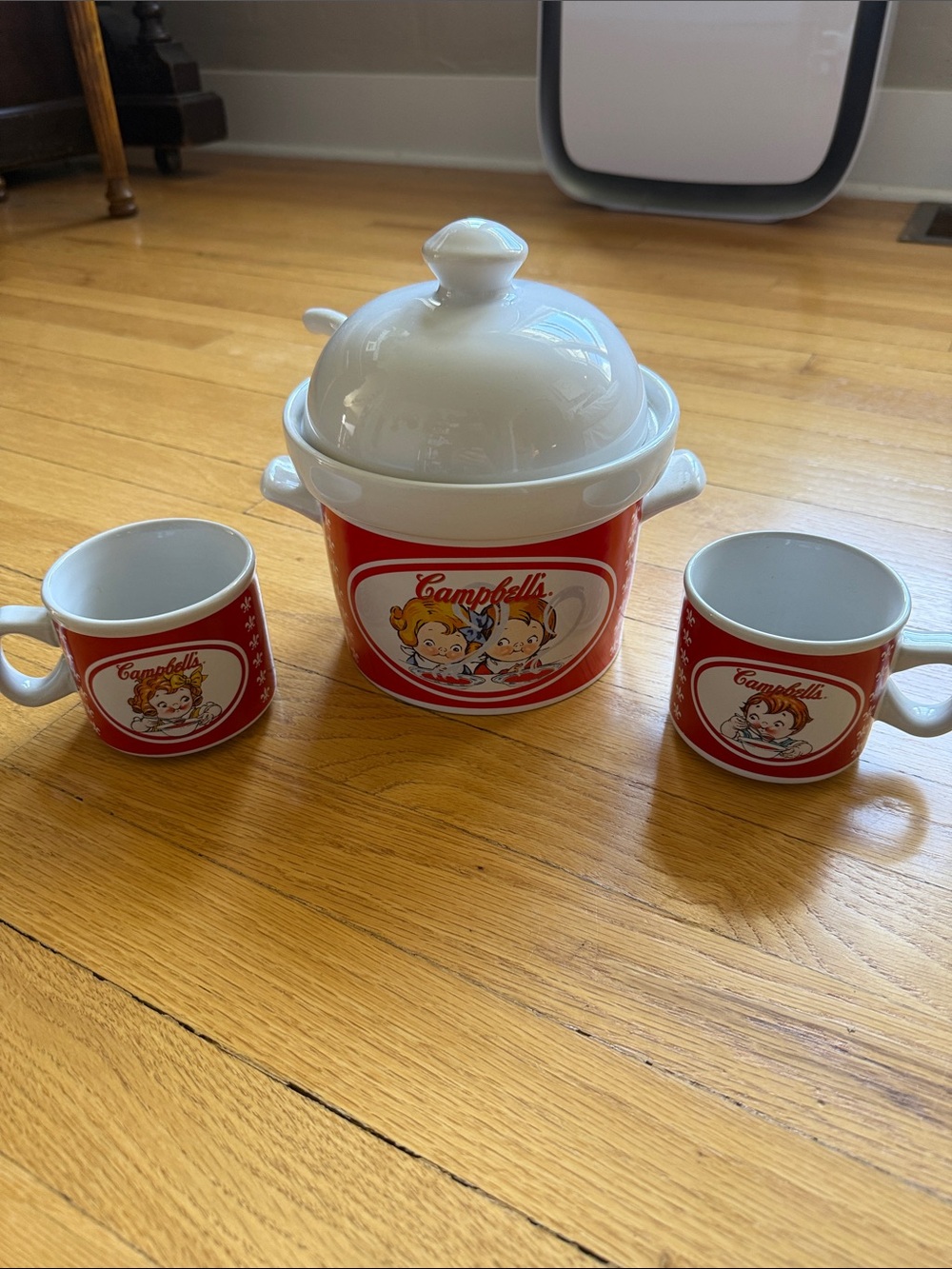 2004 Campbell's Red Ceramic Soup Pot with Lid and Two Matching Mugs